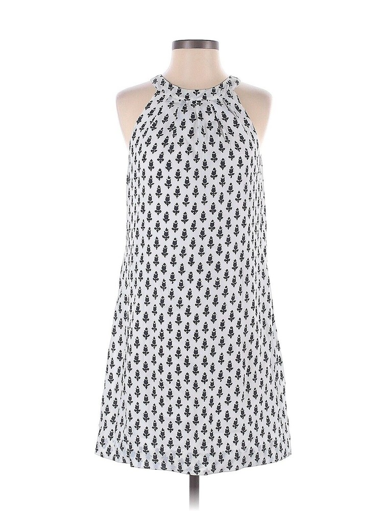 J Crew Women's 100% Silk Shift Mod Dress Halter White Navy Floral Sz 4 Satin